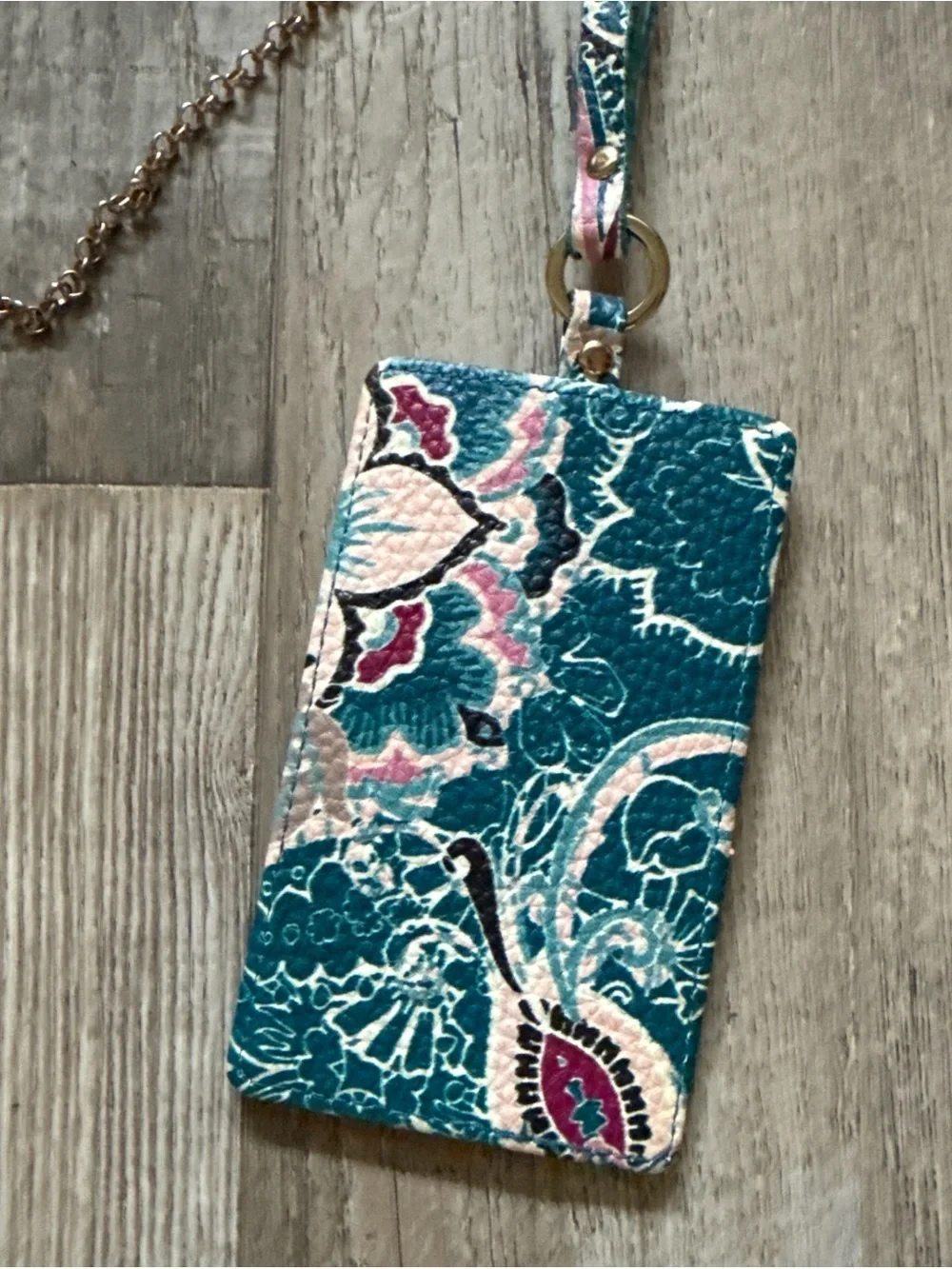 Teal Floral ID Card Holder with Gold Chain Strap